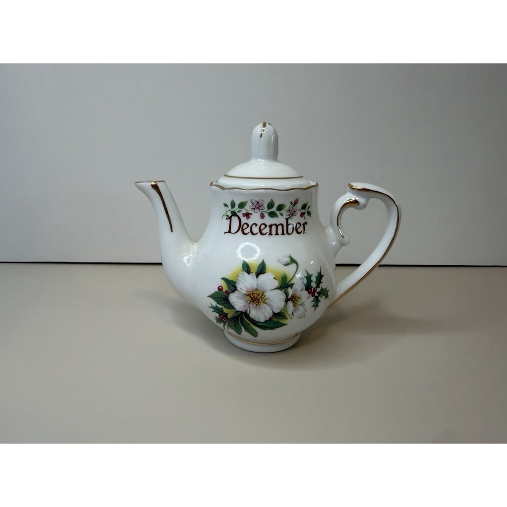 Teapot White  Floral December Mini Birthday Golden Crown E& R Germany  3 1/2